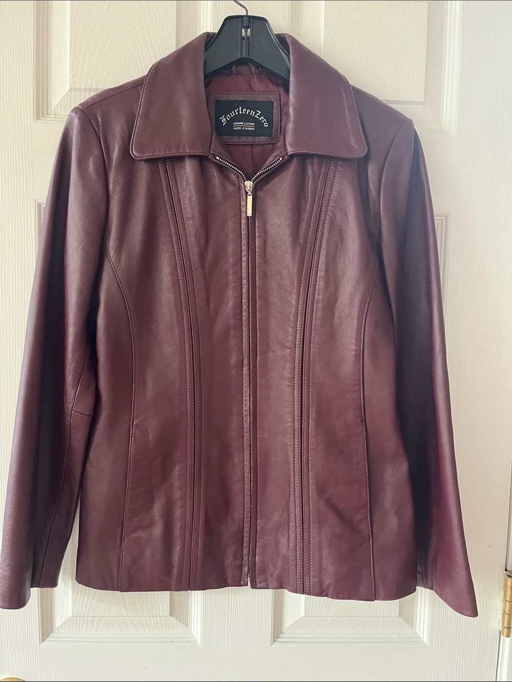 Women's Burgundy Leather Zip Jacket